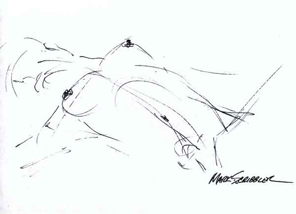 A pen and ink sketch of a reclining nude by Mark Scribbler.
